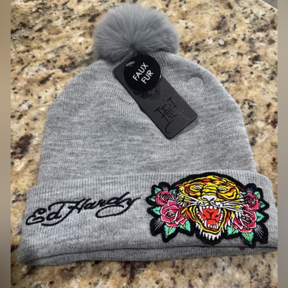 Ed Hardy Gray Beanie with Tiger and Floral Design